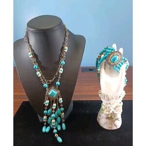 Turquoise Beaded Bling Long Necklace & Bracelet Stretch Western Indian Lot Of 2